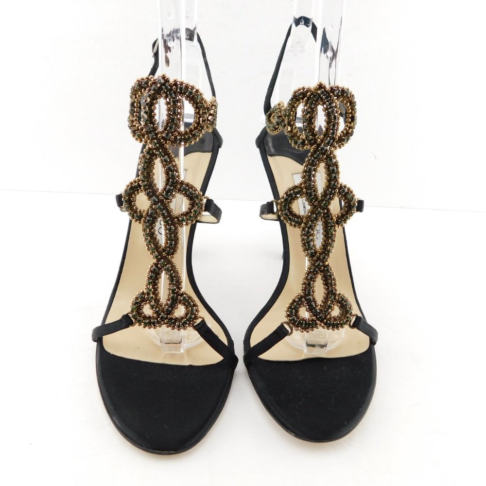 JIMMY CHOO Green Crystal Embellished Black Silk Strappy Sling Heel Sandals 39.5